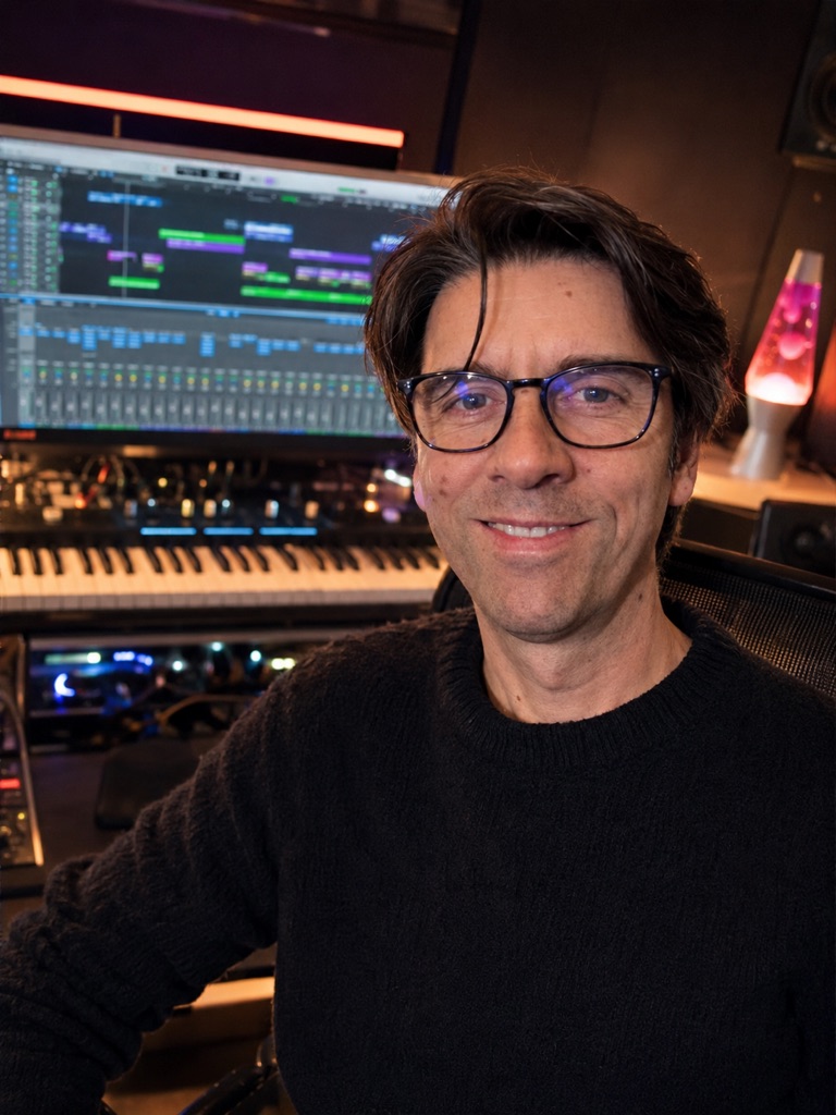 Martin de Vries in his music studio